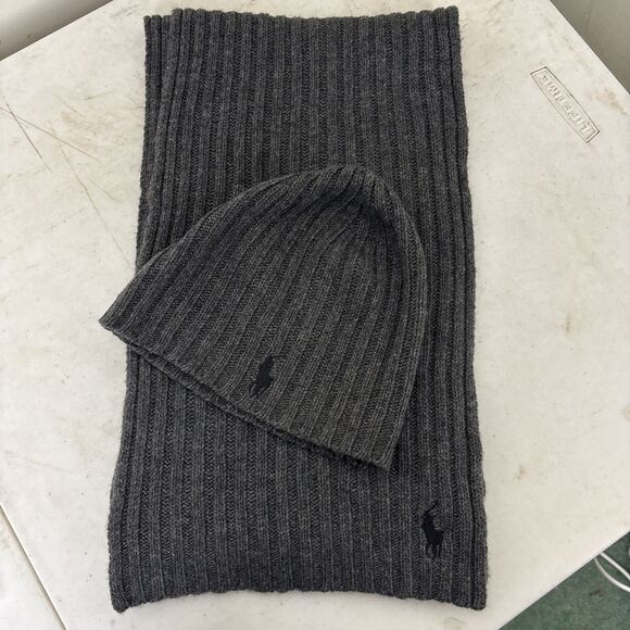 Polo Ralph Lauren Wool Blend Ribbed Scarf & Beanie Hat Set Gray Black Pony - Picture 2 of 6